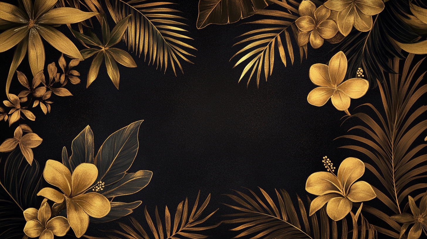 Tropical flowers and foliage on metallic gold wallpaper.