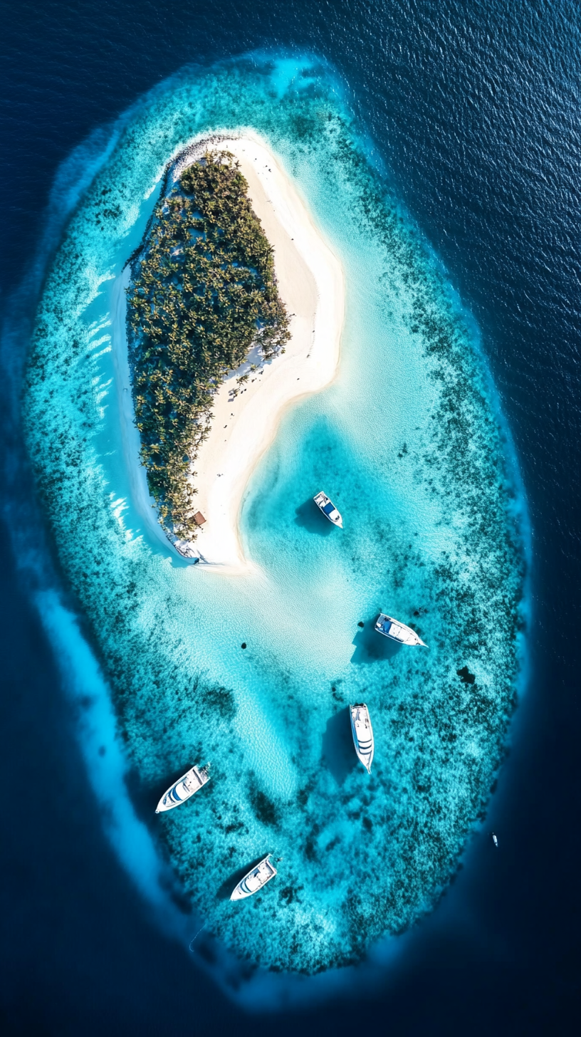 Tropical island shaped like teardrop with white sands