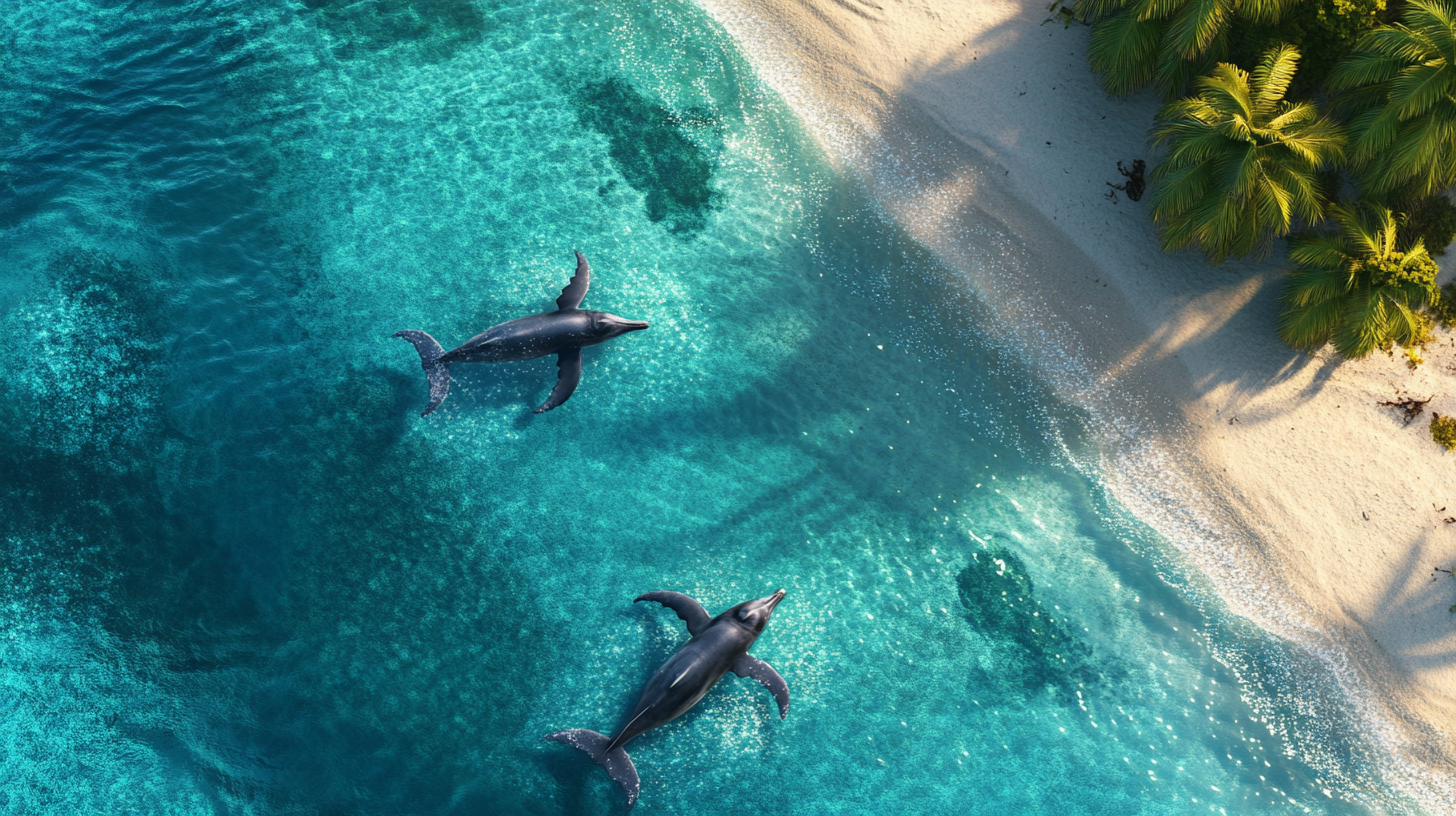 Tropical island with dolphins swimming in blue ocean.