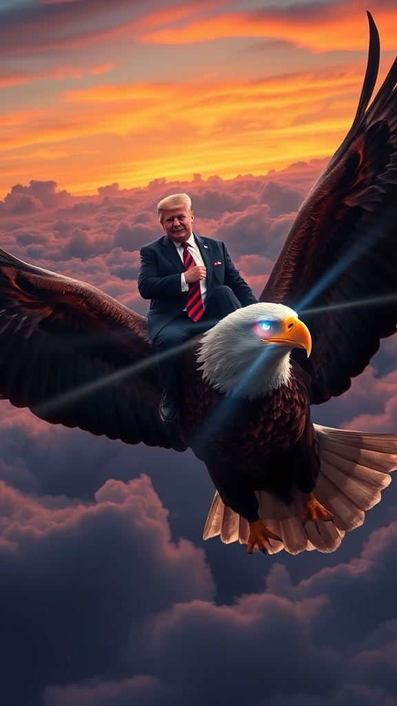 Trump on majestic eagle soaring in sunset sky.