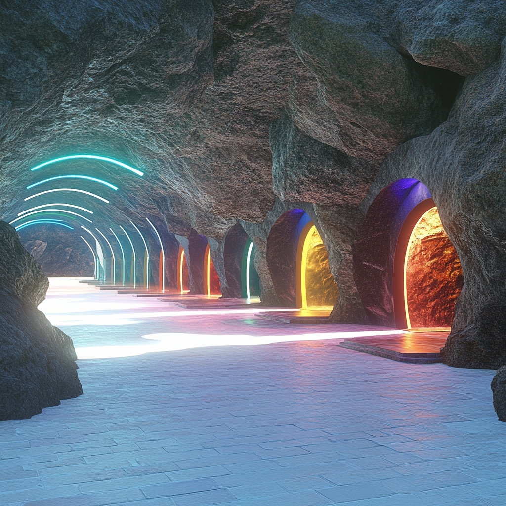 Tunnels at base of mountain, glowing colored entrances.