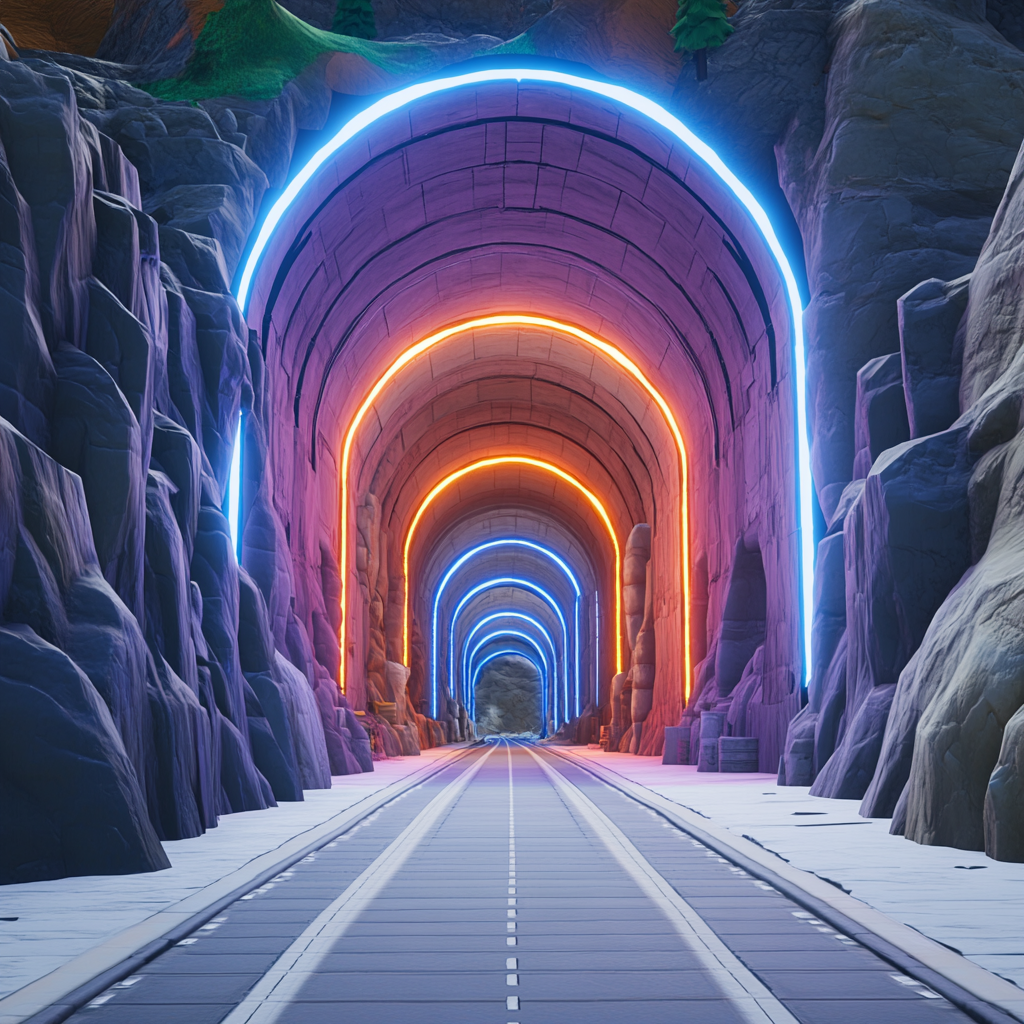 Tunnels with colorful entrances near mountain base, Fortnite style