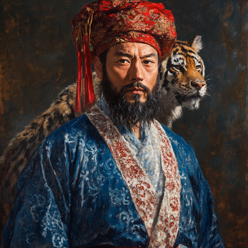 Turban with red tassels, wolf waist, ape arms. Deep blue robe, ancient China men portrait.