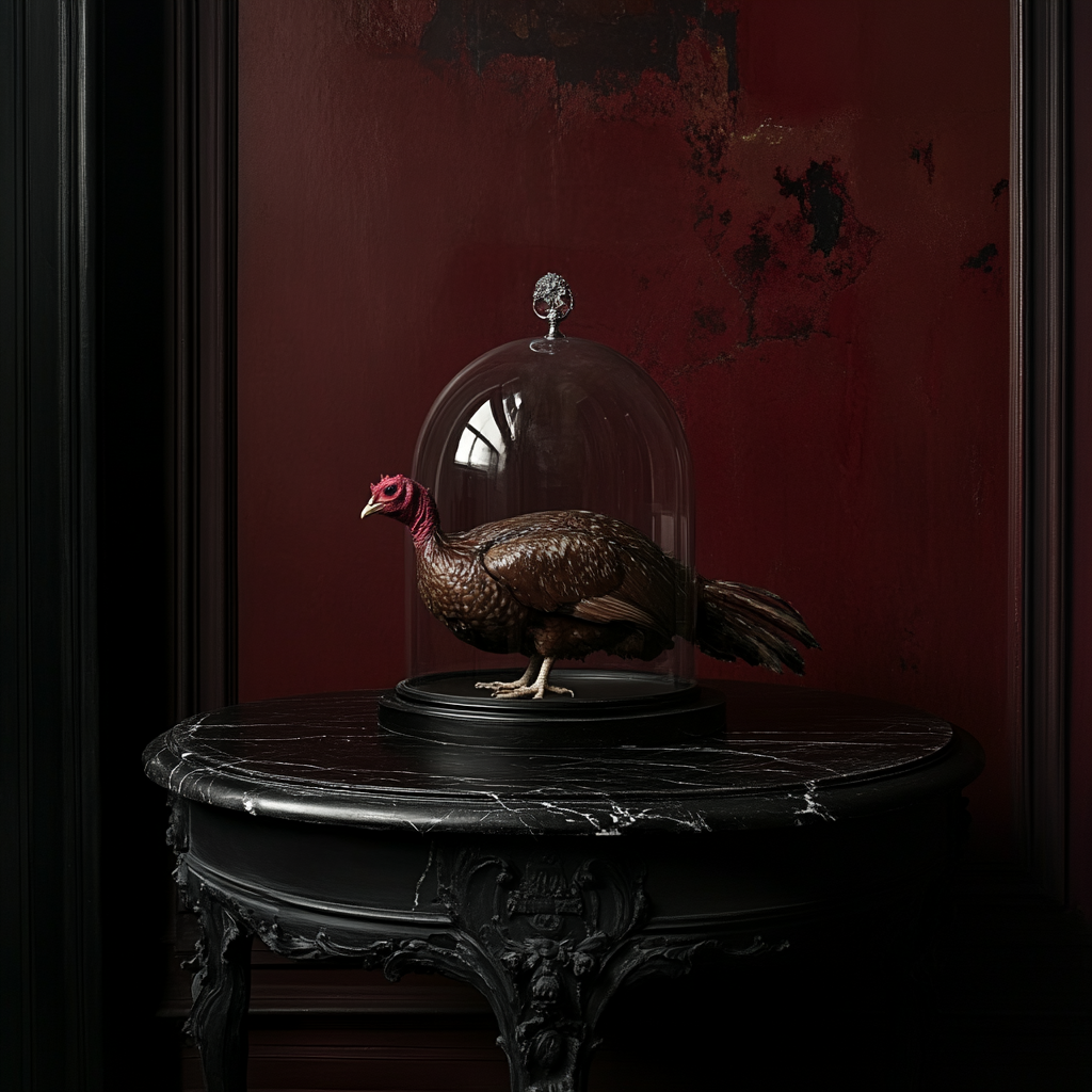 Turkey under glass dome on black table, red walls.