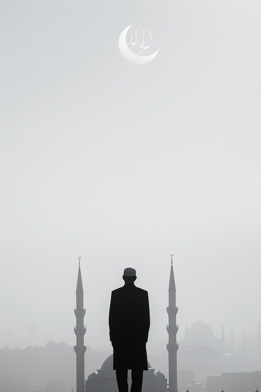 Turkish Imam's Spiritual Serenity: Mosque, Skyline, Crescent Moon