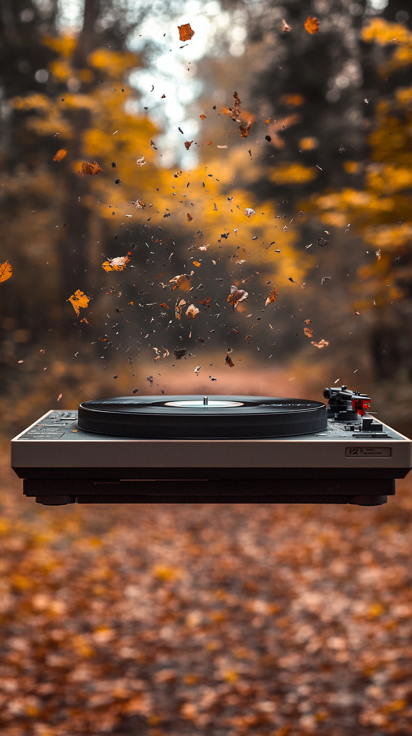 Turntable explodes, debris flying, forest background, depth of field.