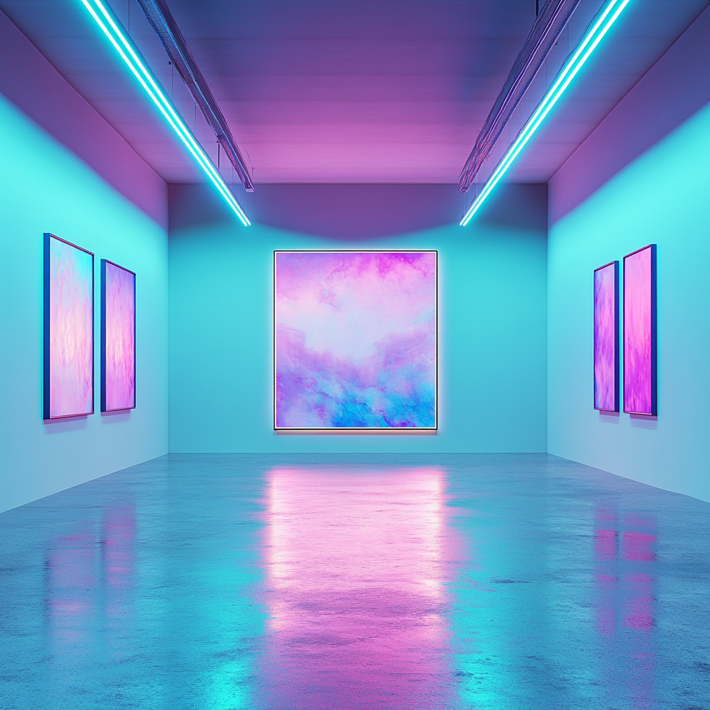 Turquoise and light purple room with empty abstract painting.