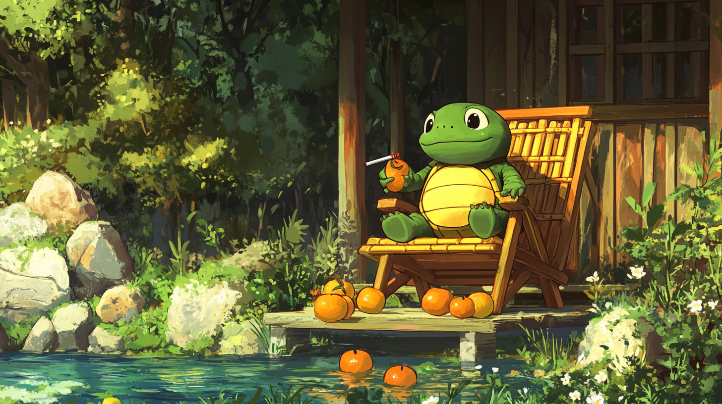 Turtle smoking on bamboo chair with oranges in water.