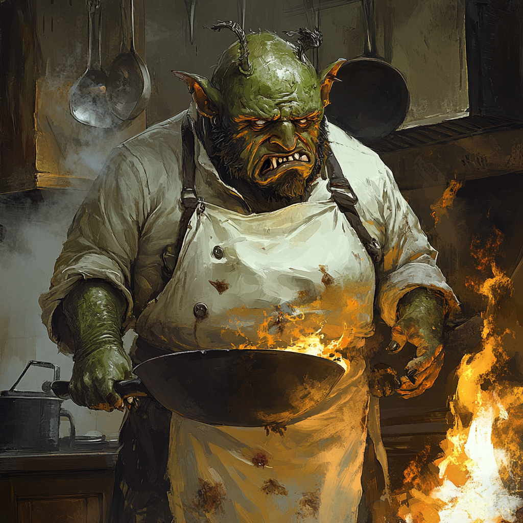 Tusked green chef panics in flaming kitchen