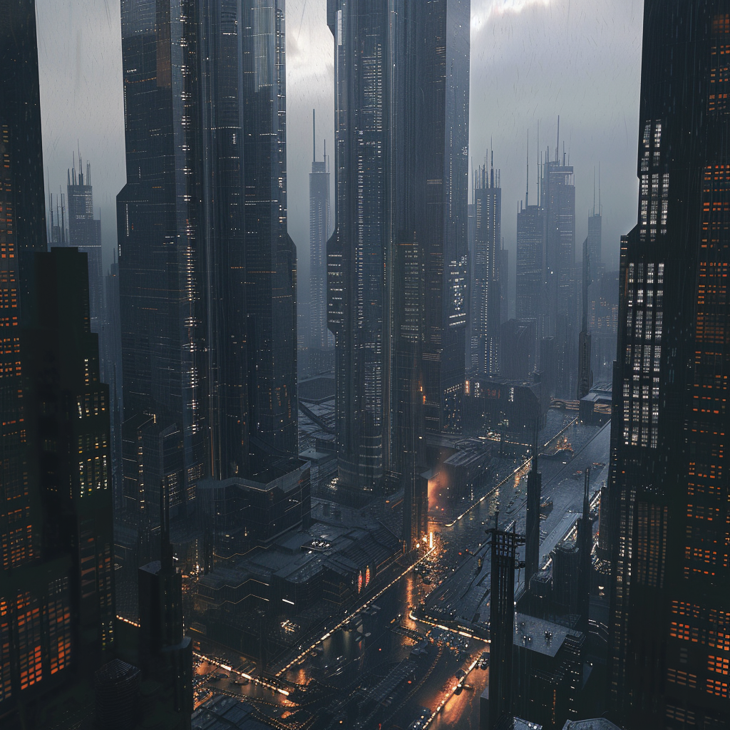 Twilight dystopian cityscape with towering megastructures in 8k.