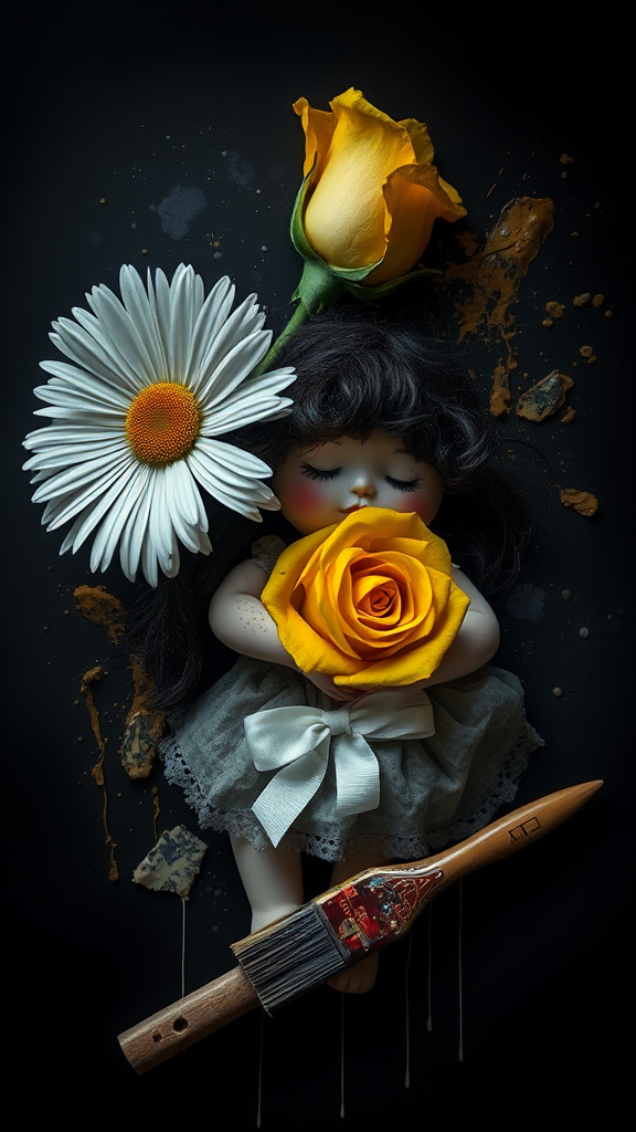 Twisted daisy and rose with broken doll, paint splatters.