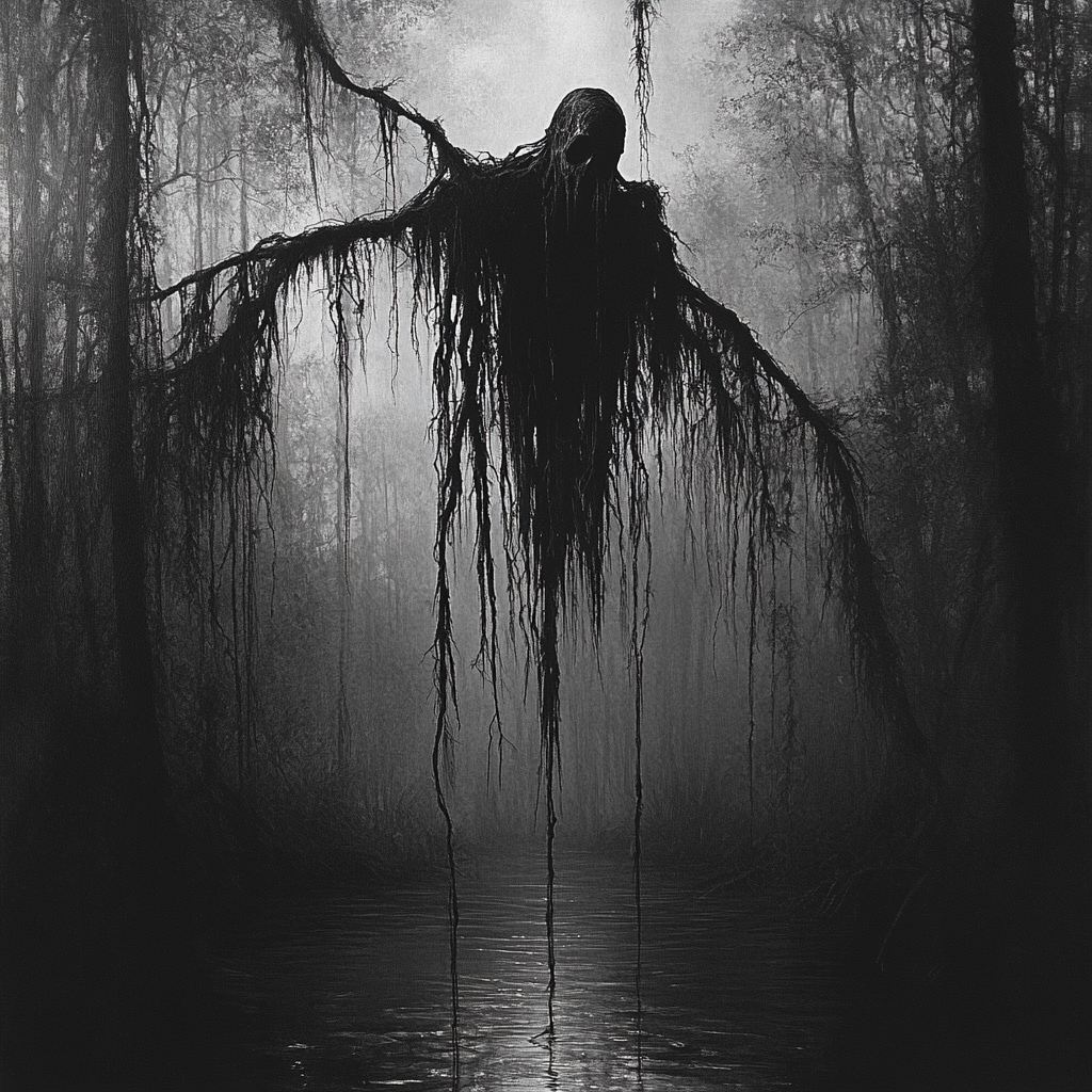 Twisted marionette monster hangs from cypress swamp branches.