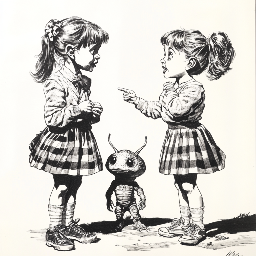 Two 1950s schoolgirls giggle at cute alien