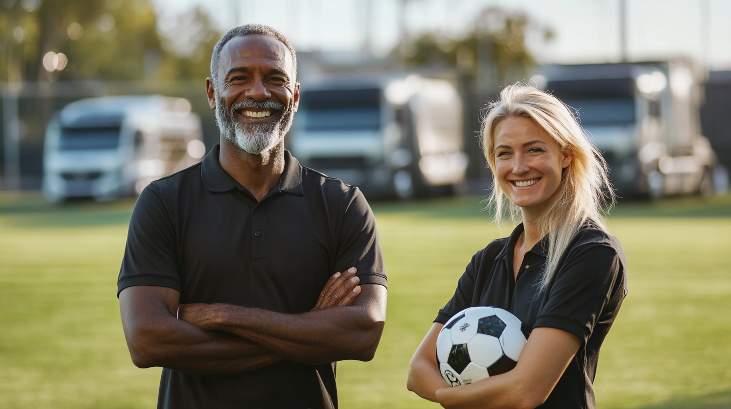 Two 50-year-old people smiling at camera in stadium.