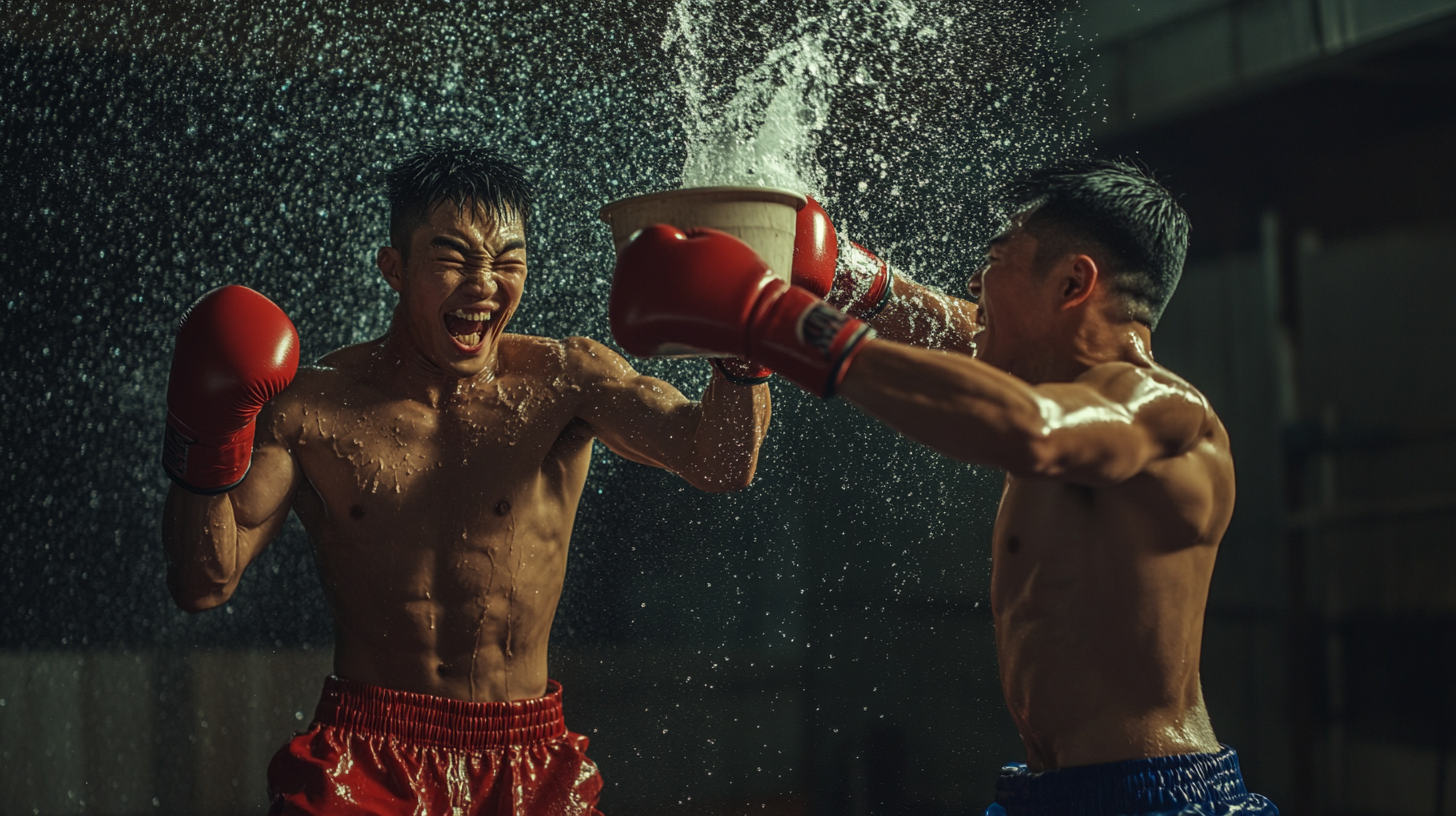 Two Asian boxers, one throwing bucket at other.