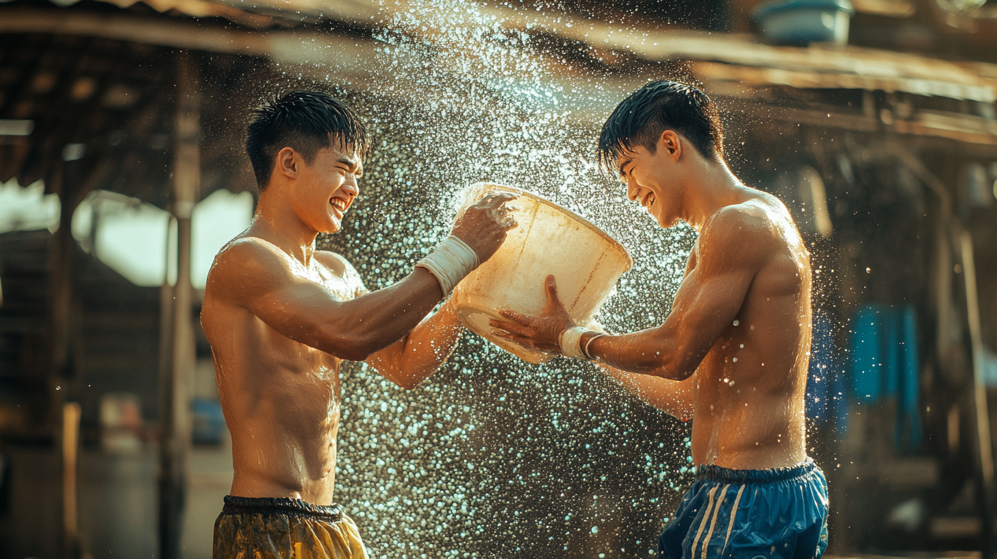 Two Asian boxers fighting in the heat.