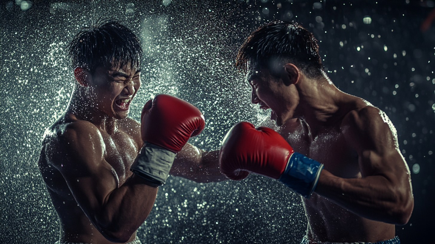 Two Asian boxers in fighting stance, throwing bucket.