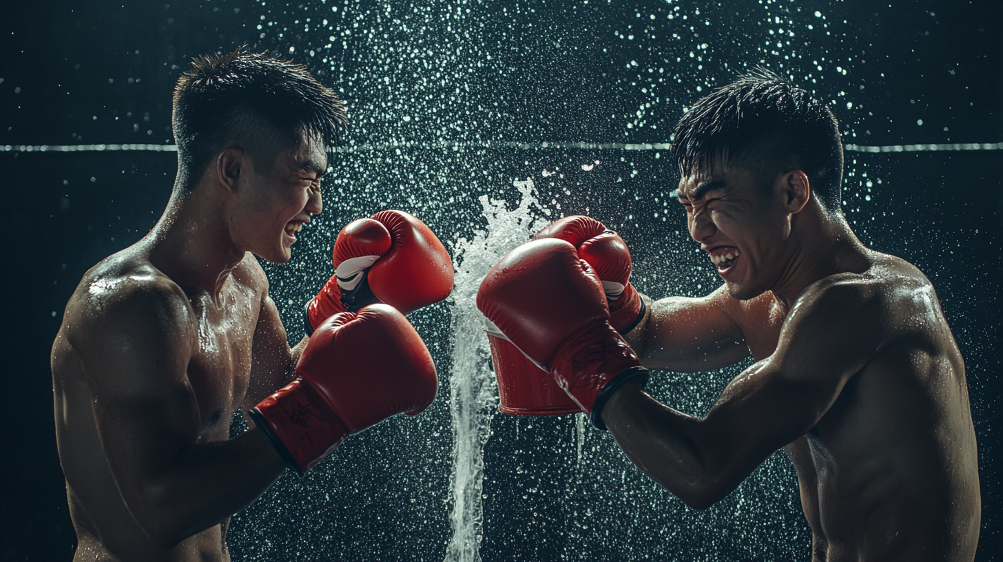 Two Asian boxers in red gloves playing happily.