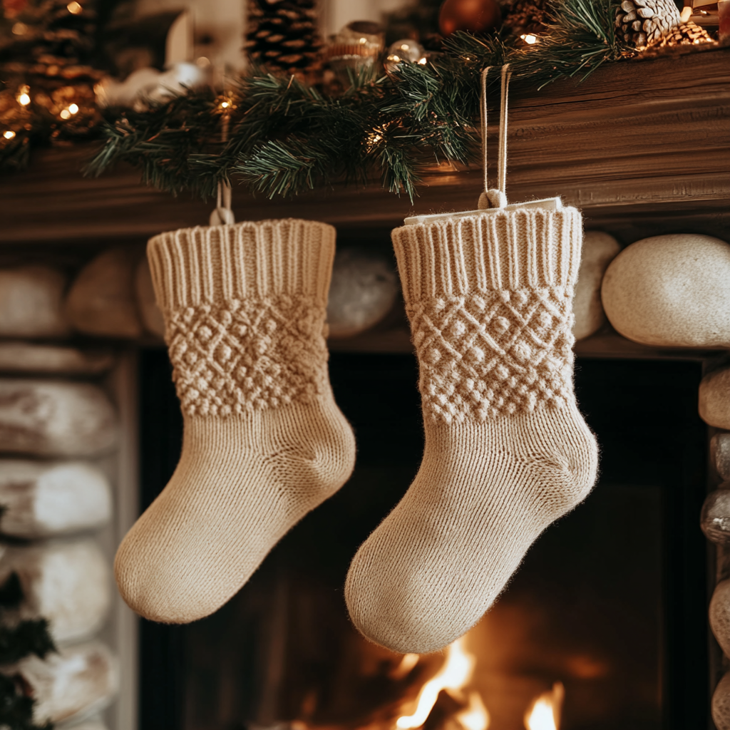 Two Beige Christmas Socks on Fireplace Mantel