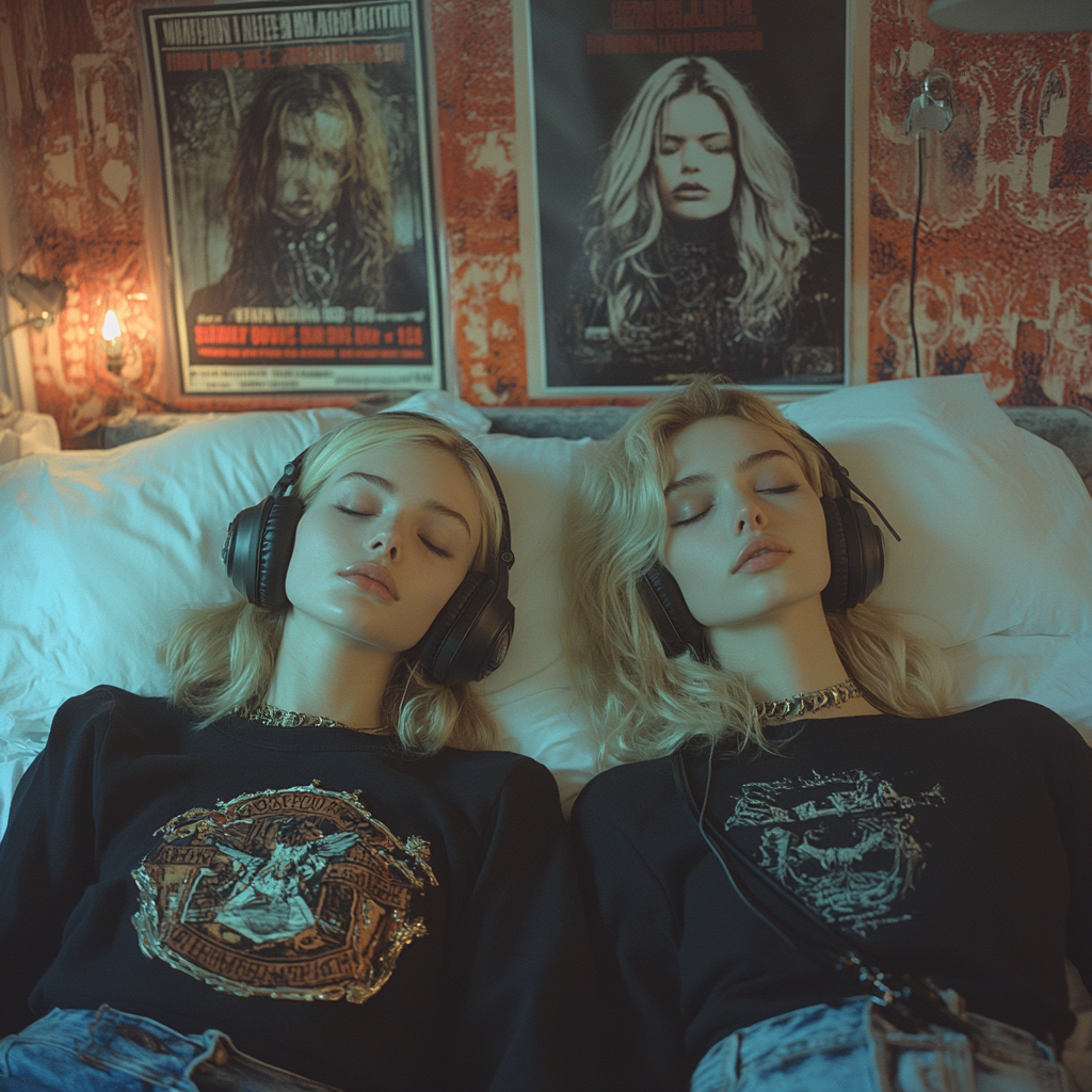 Two Blonde Women Enjoying Music in Bed