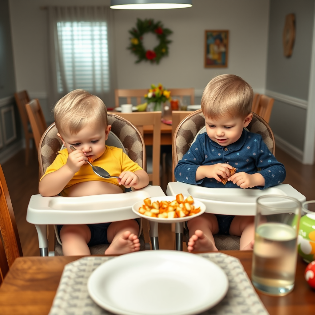 Two Boys Overeating at Dinner Table