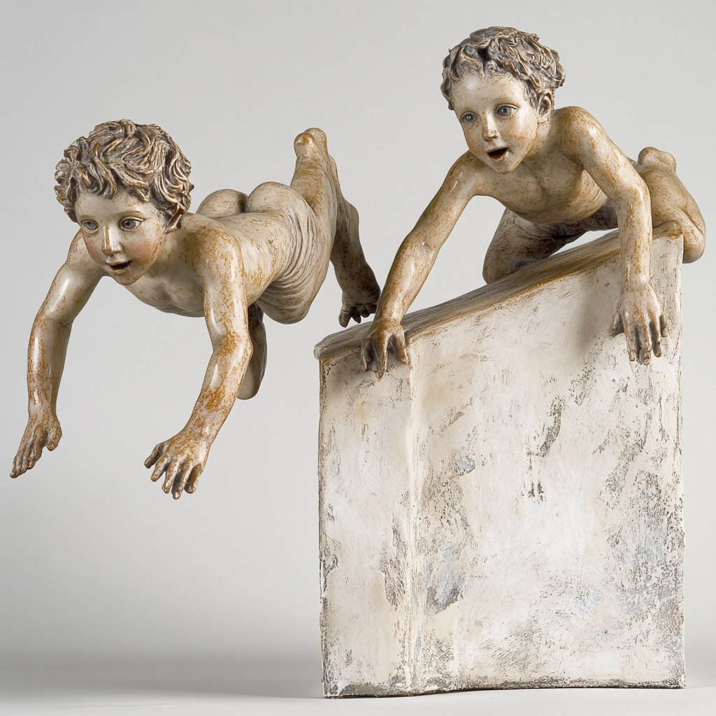 Two Boys Sculpture: Joyful Diving and Playful Gazing