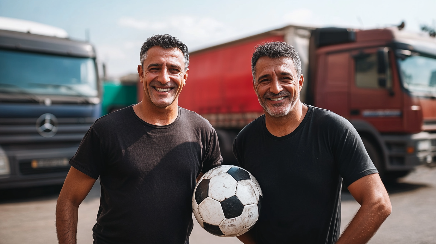 Two Brazilian men playing soccer in city parking.