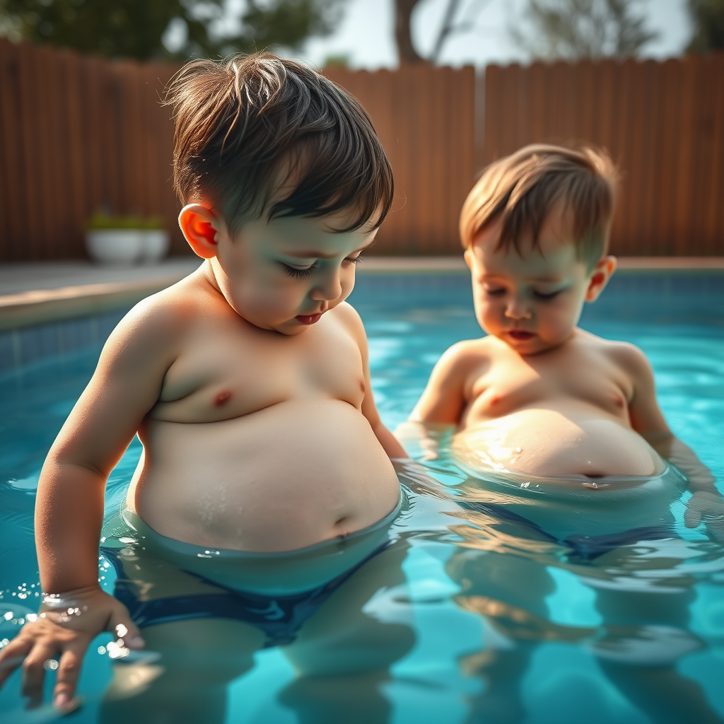 Two Brothers Playing in a Pool, Bellies Swelling