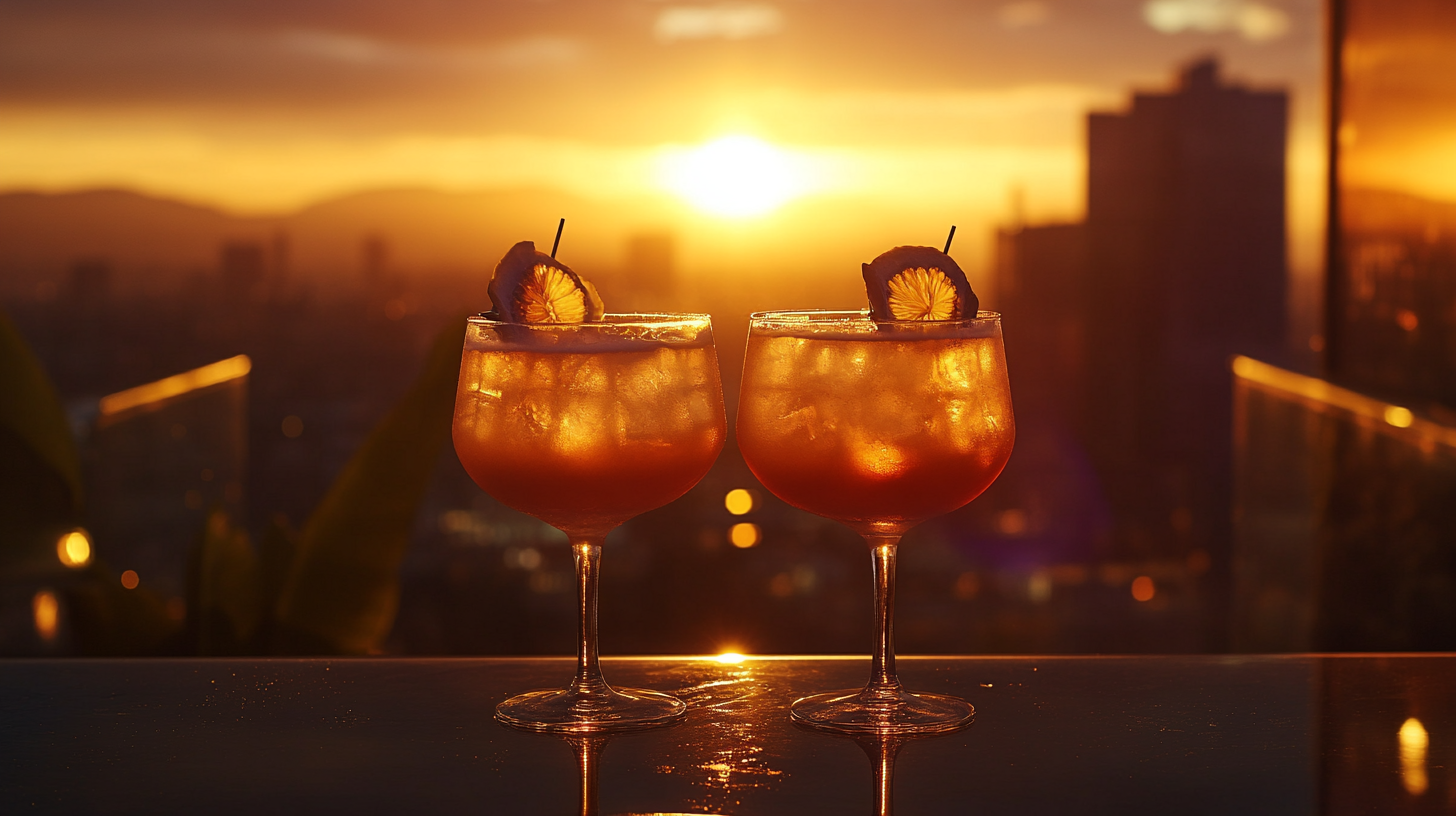 Two Cocktails Toasted at Elegant Sunset Bar