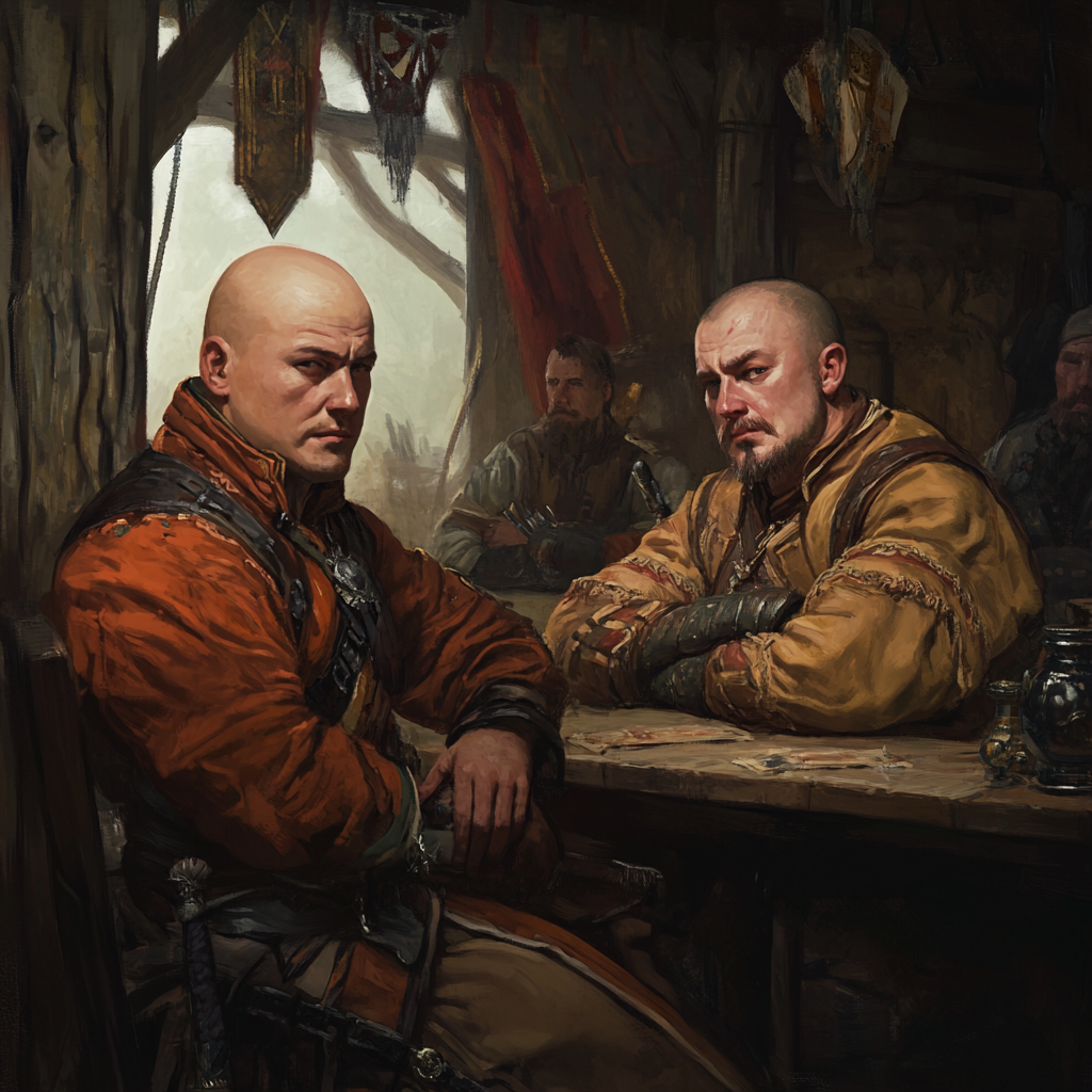 Two Cossacks in 17th Century tavern sit chatting.