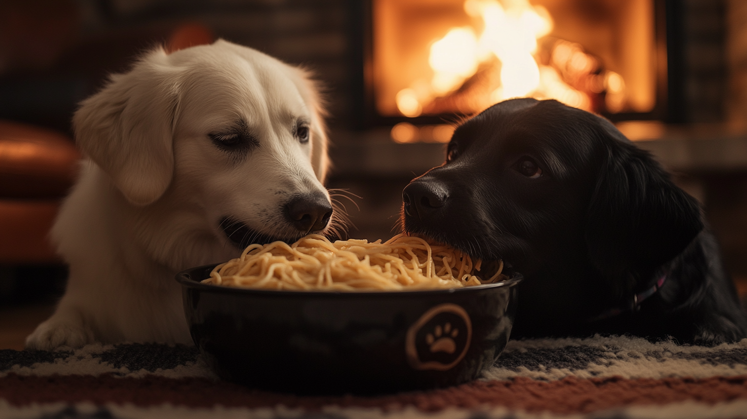 Two Dogs Eating Spaghetti in a Cozy Room