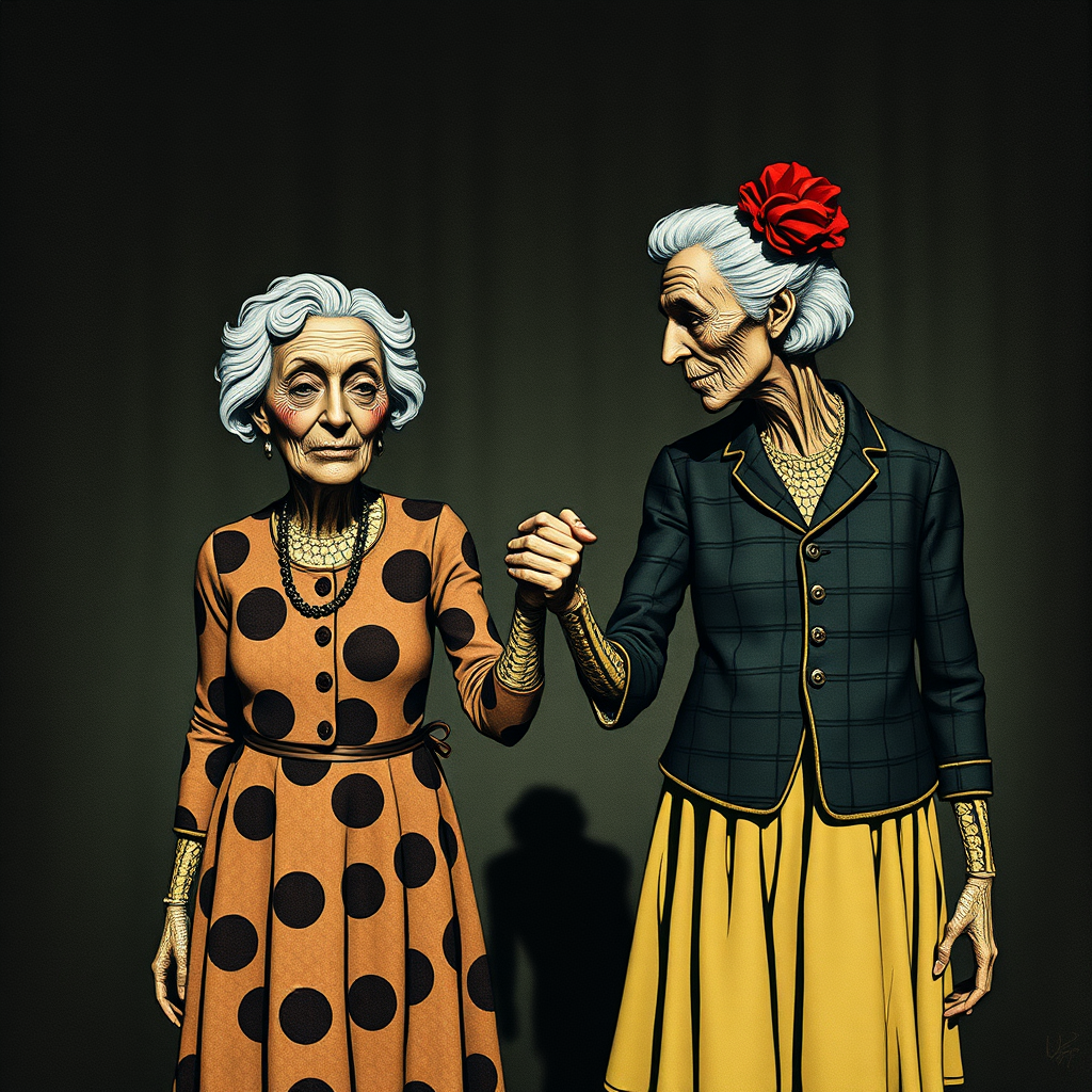 Two Elderly Women Holding Hands, Burton Style