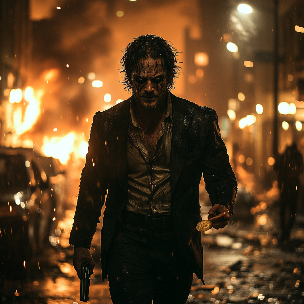 Two-Face in destroyed city street holding gun and coin.