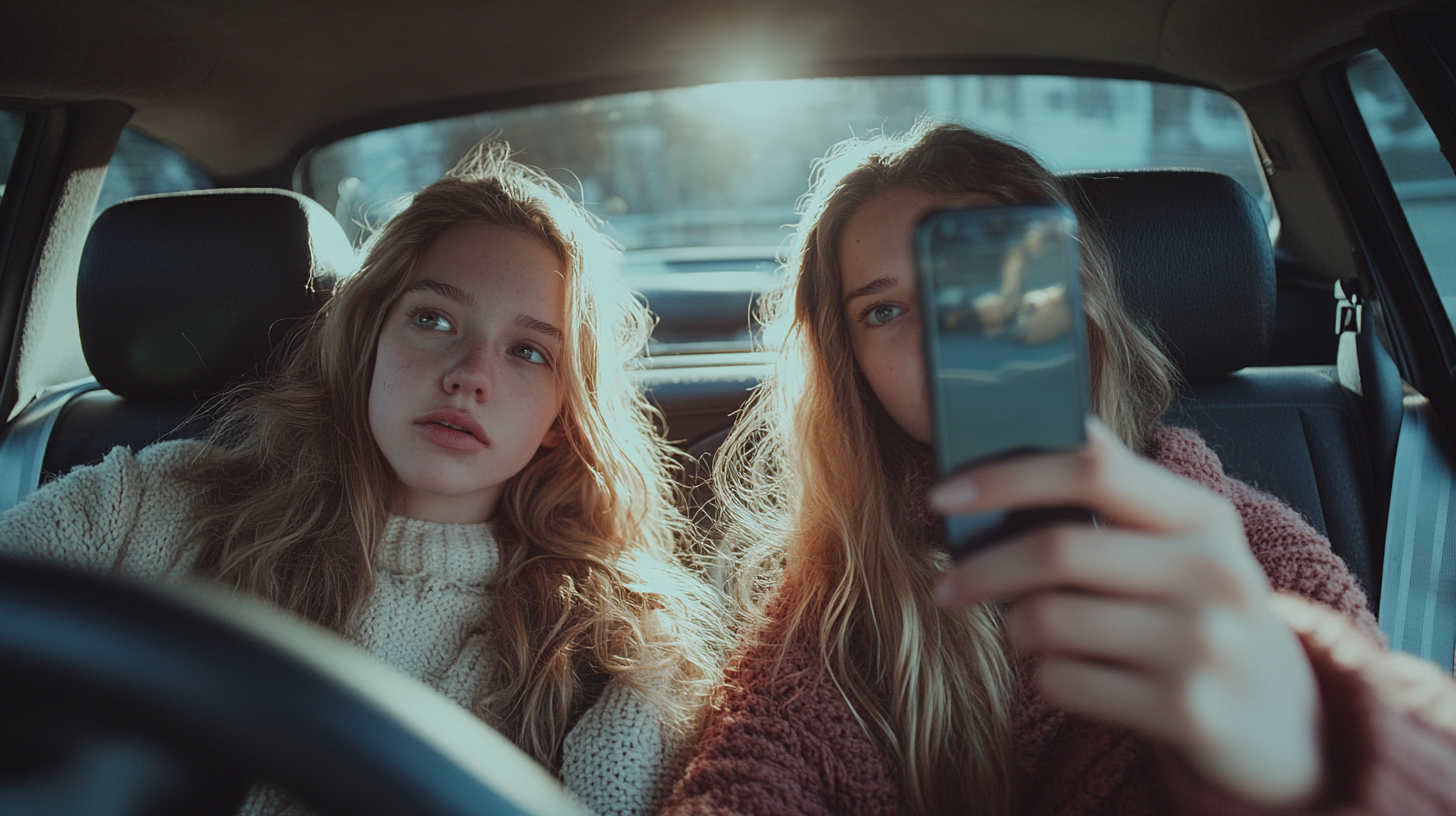 Two Girls Heading to College in Car Selfie