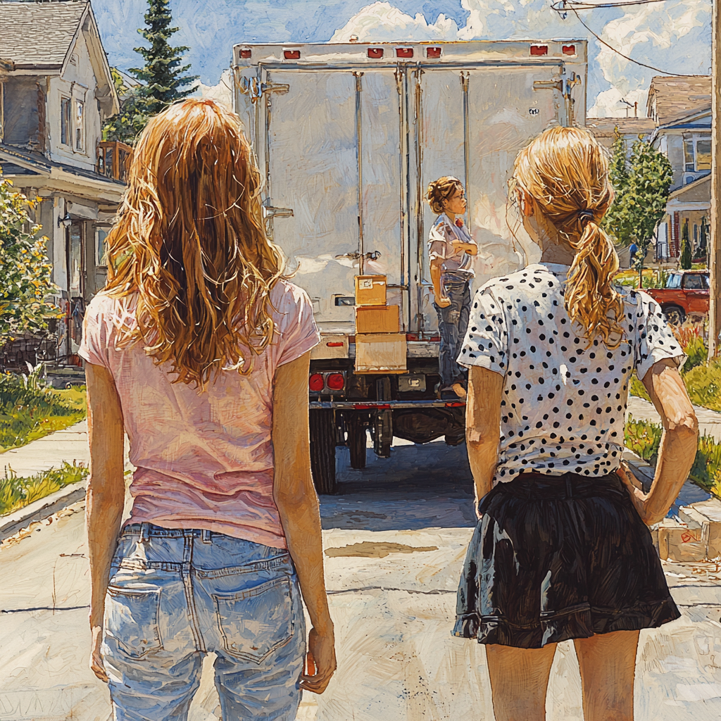 Two Girls Watching Men Move Boxes in Neighborhood