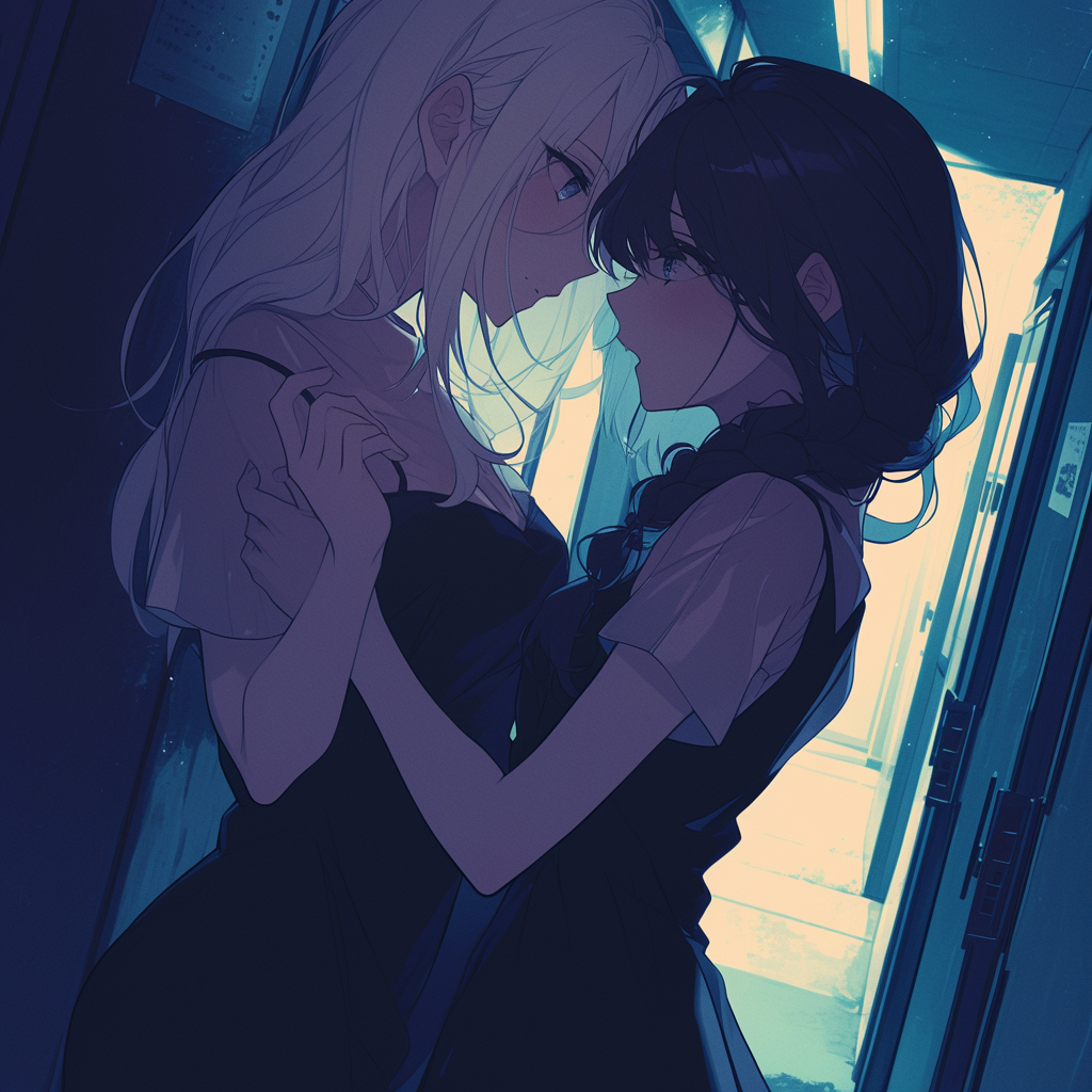 Two Girls in Hallway, Cinematic Manga Style, Detail