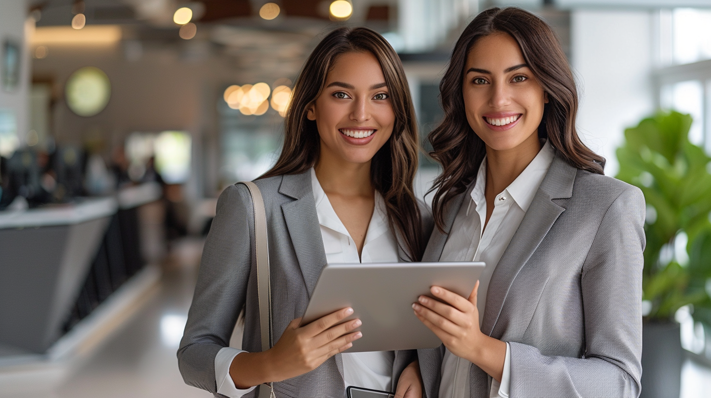 Two Happy Businesswomen Show iPad in Office Lobby