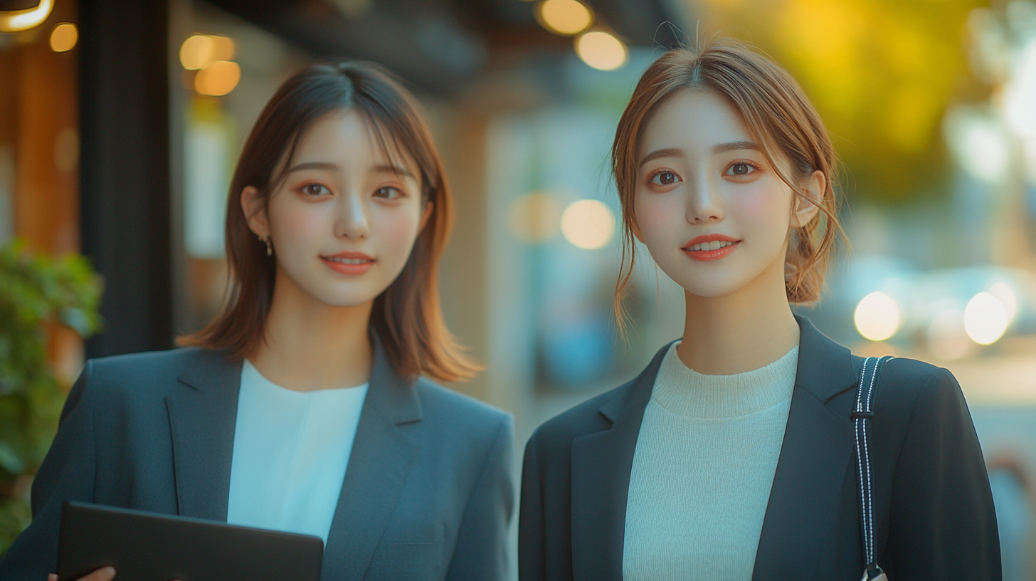 Two Japanese female students in suits walking in office.