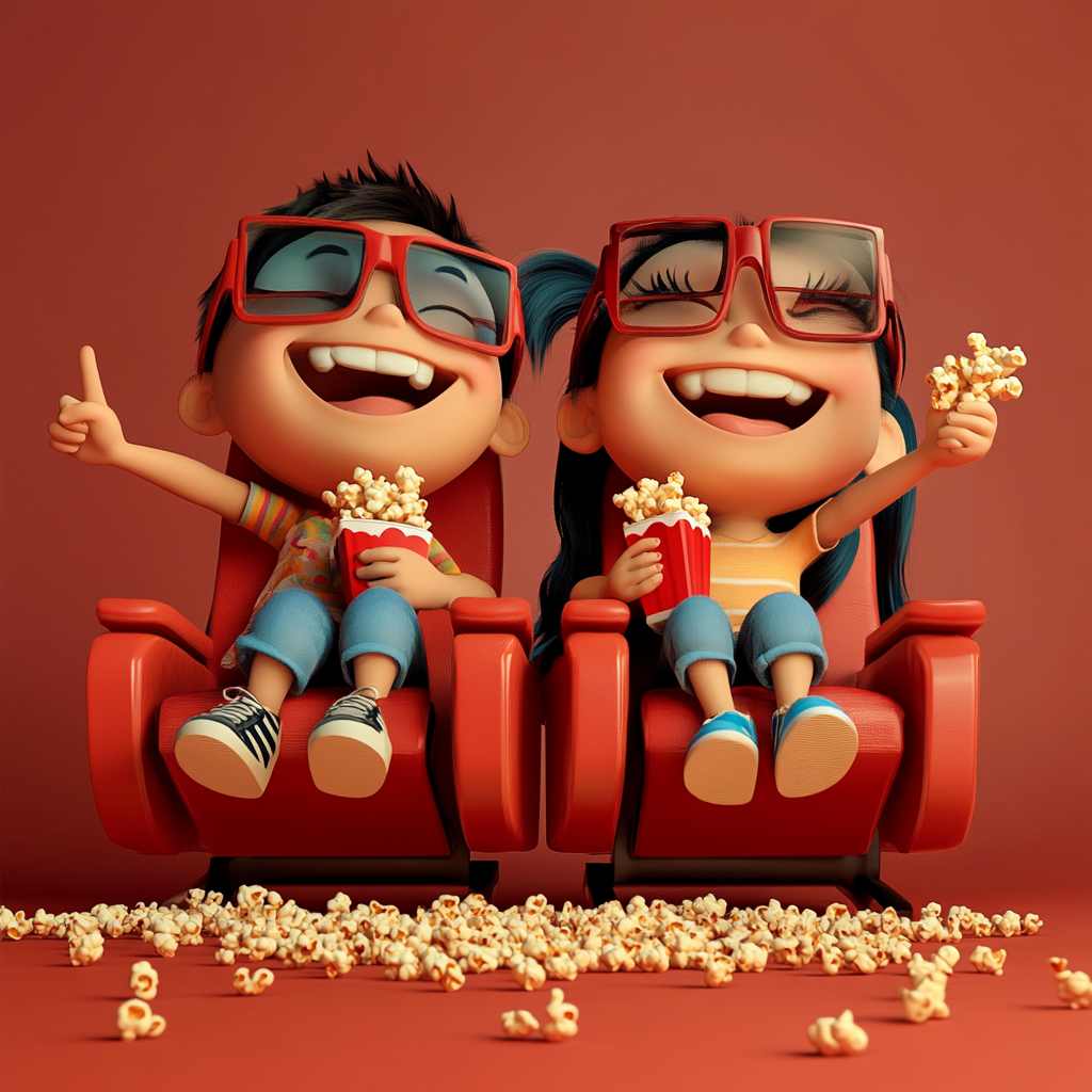 Two Kids Enjoying Movie with Popcorn in 3D