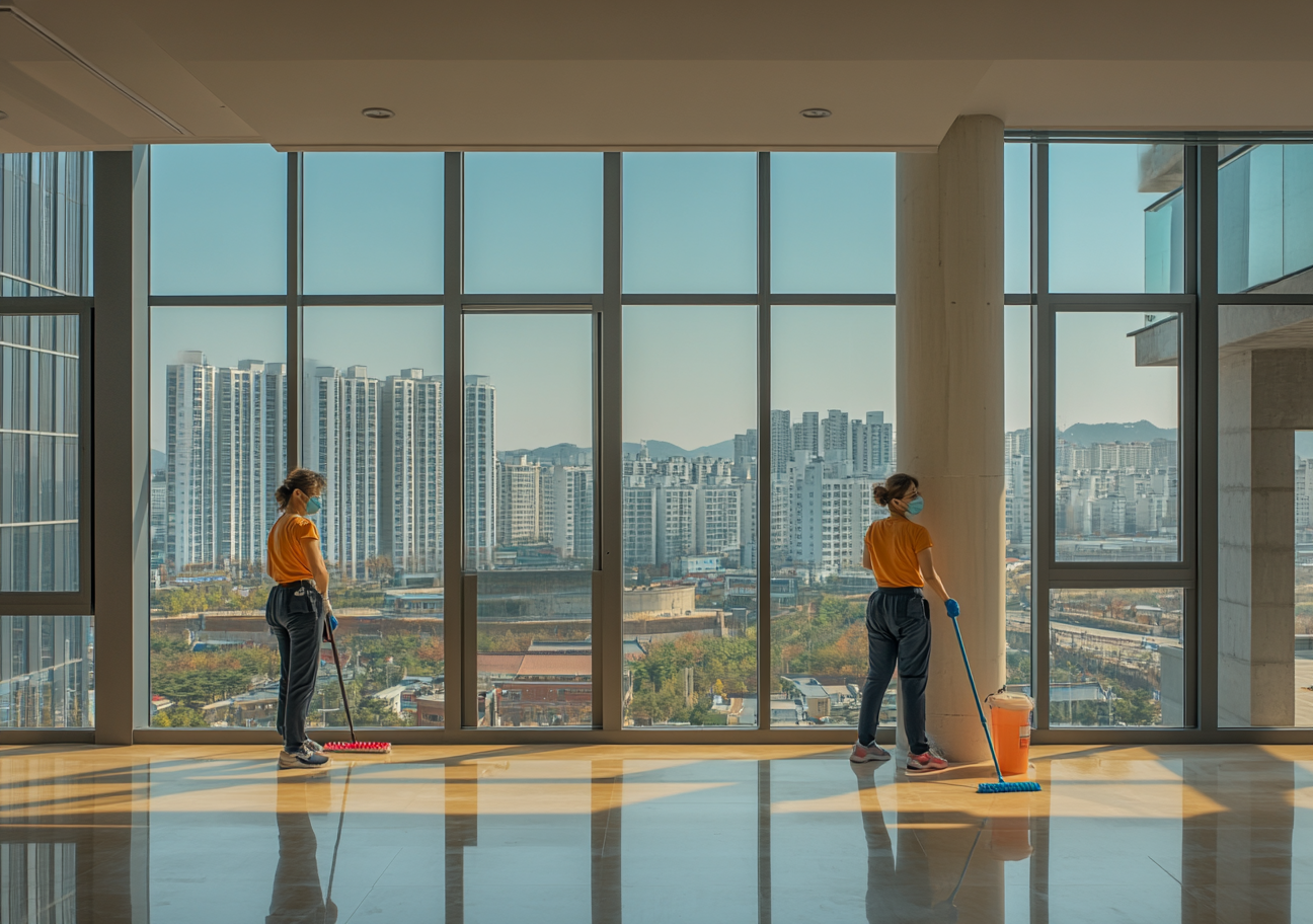 Two Korean women cleaning newly built apartment, wearing masks.