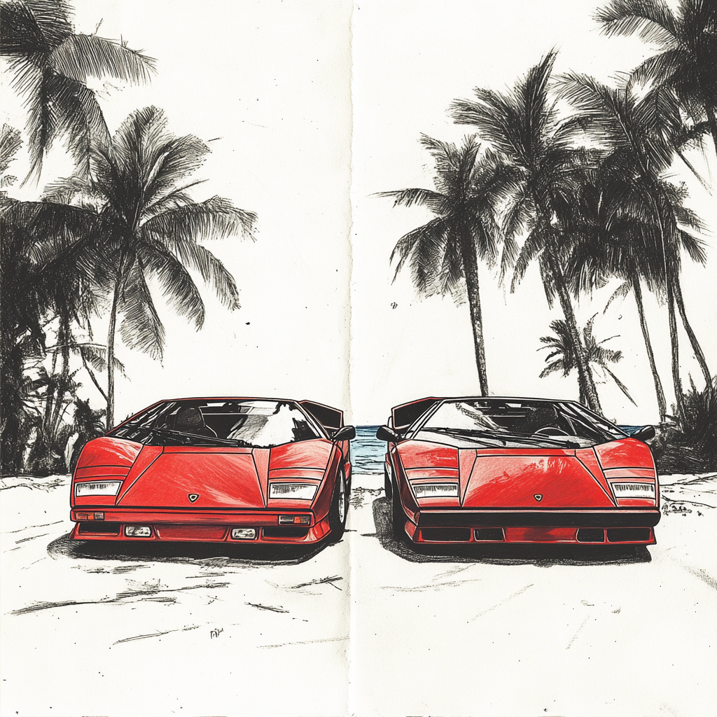 Two Lamborghinis Countach in 90s car magazine cover.