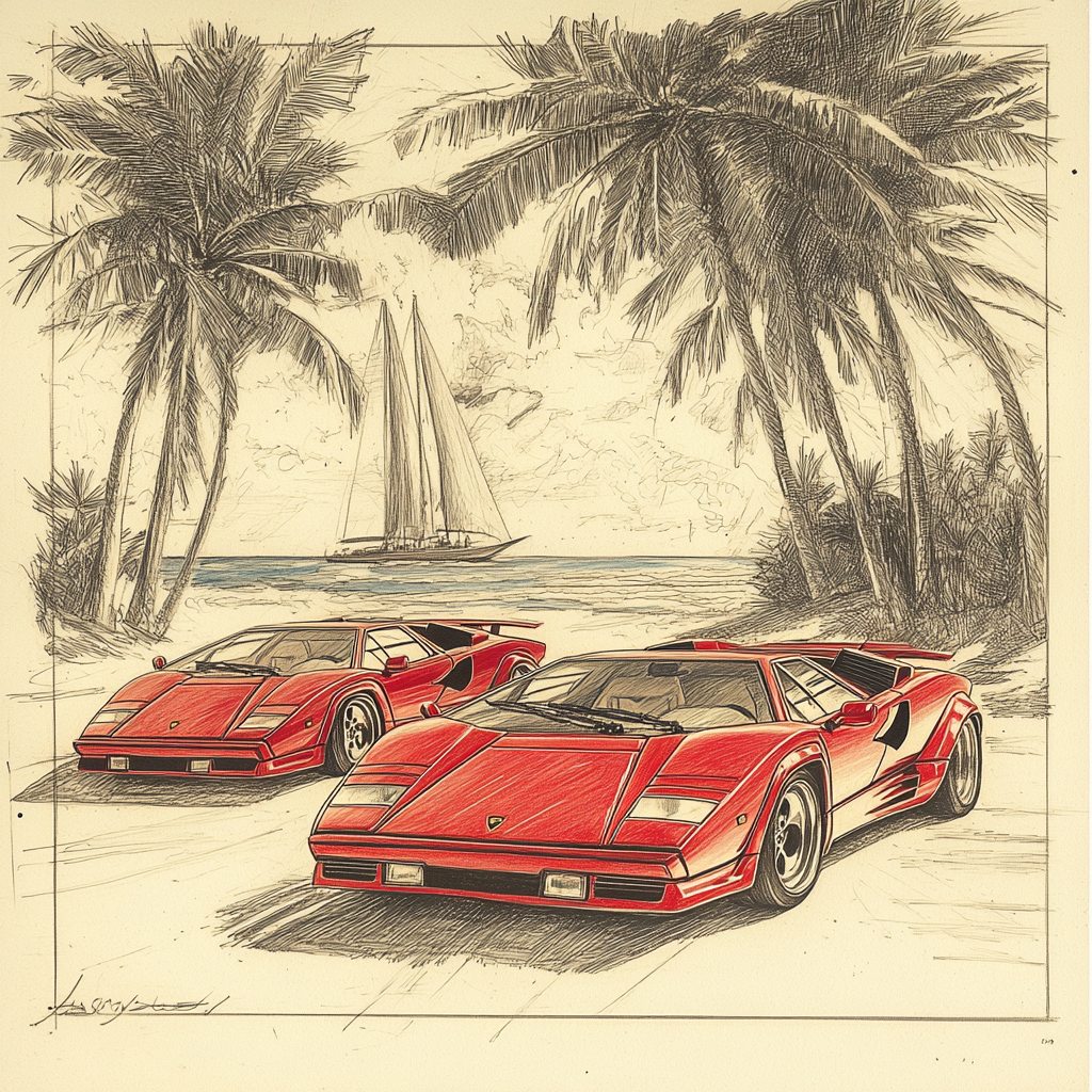 Two Lamborghinis Countach on beach-themed background.