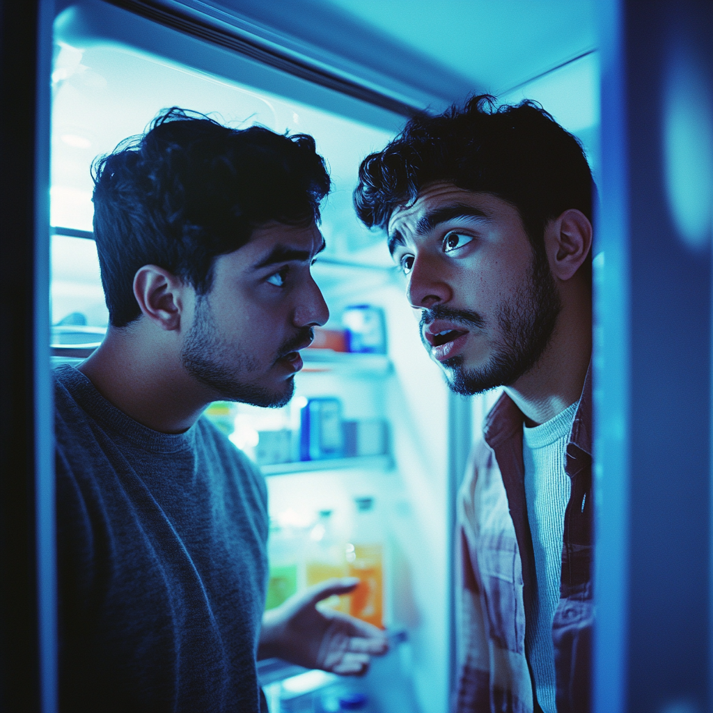 Two Latino friends suspiciously open fridge, eyeing each other.