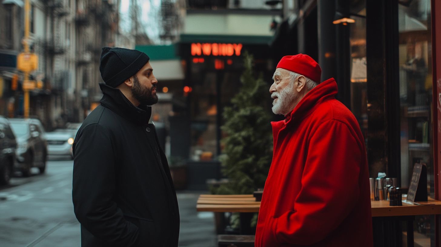 Two Men Talking in New York City Restaurant