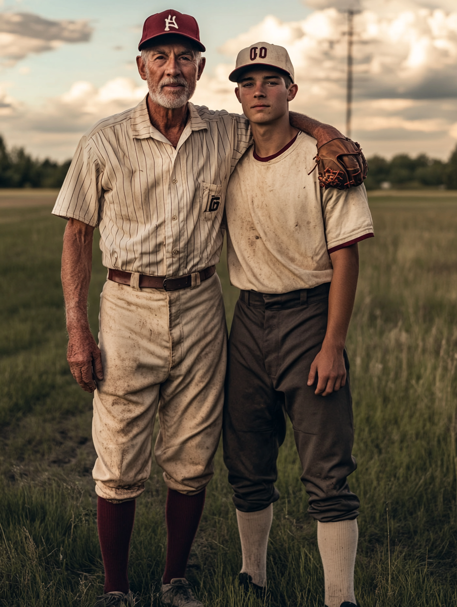 Two Men in Baseball Uniform on Field Portrait