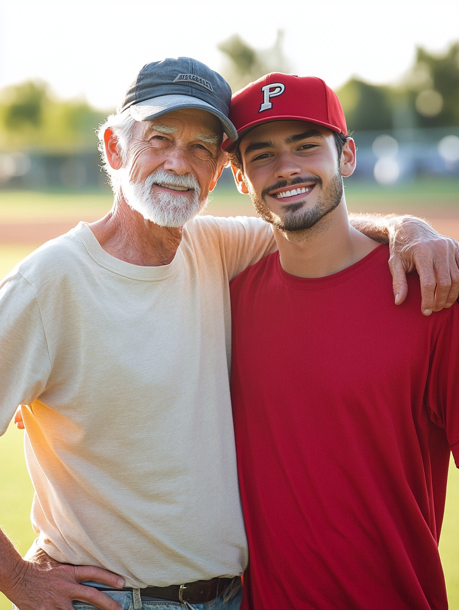 Two Men in Baseball Uniforms on Field