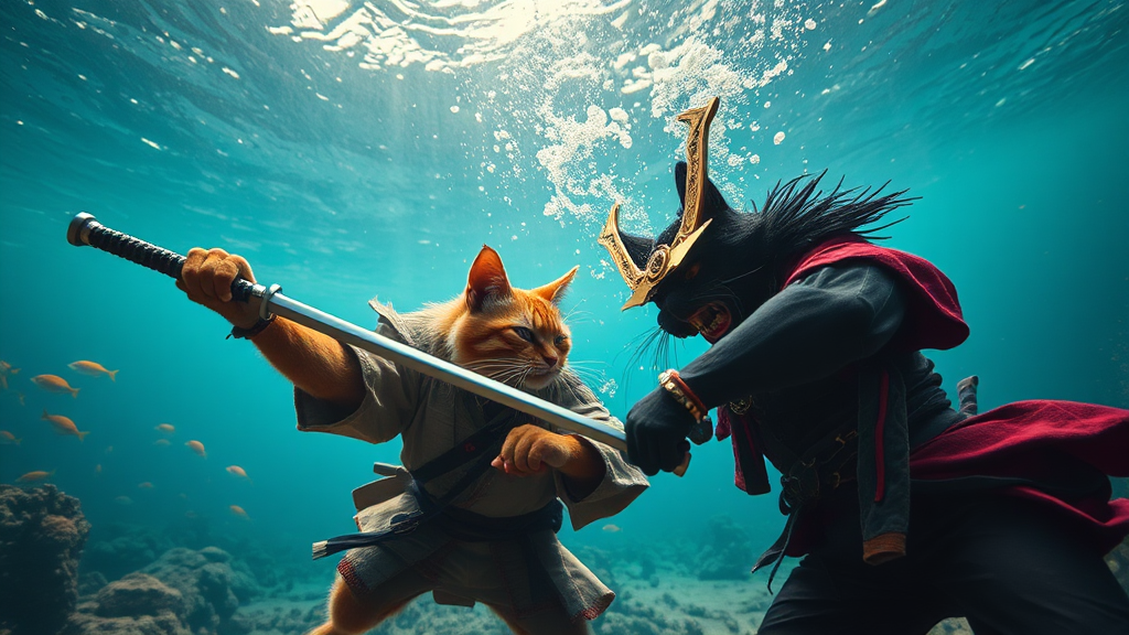 Two Samurai Cats Fighting Underwater: A Hyper-Realistic Scene