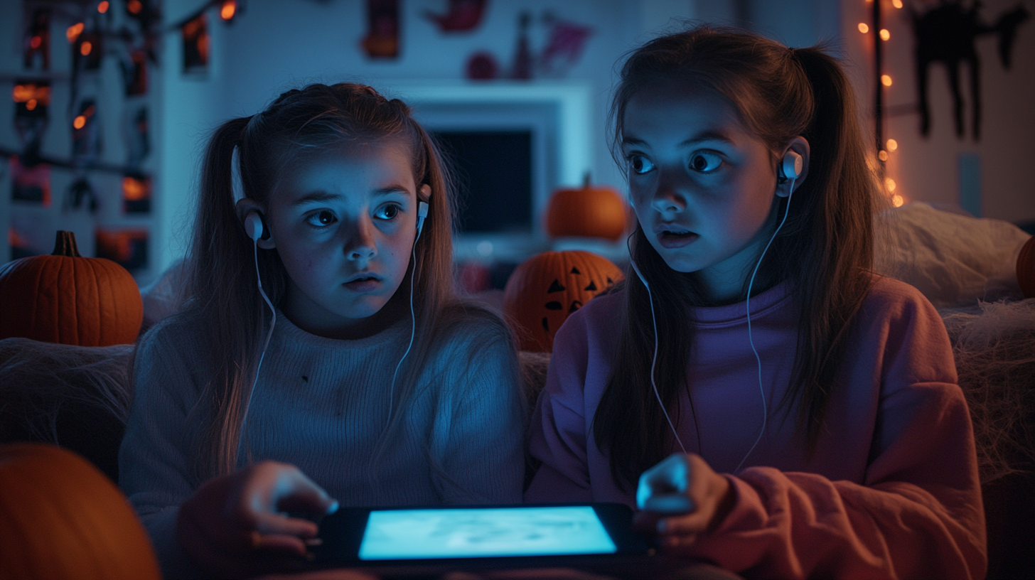 Two Sisters Listening to Scary Podcast