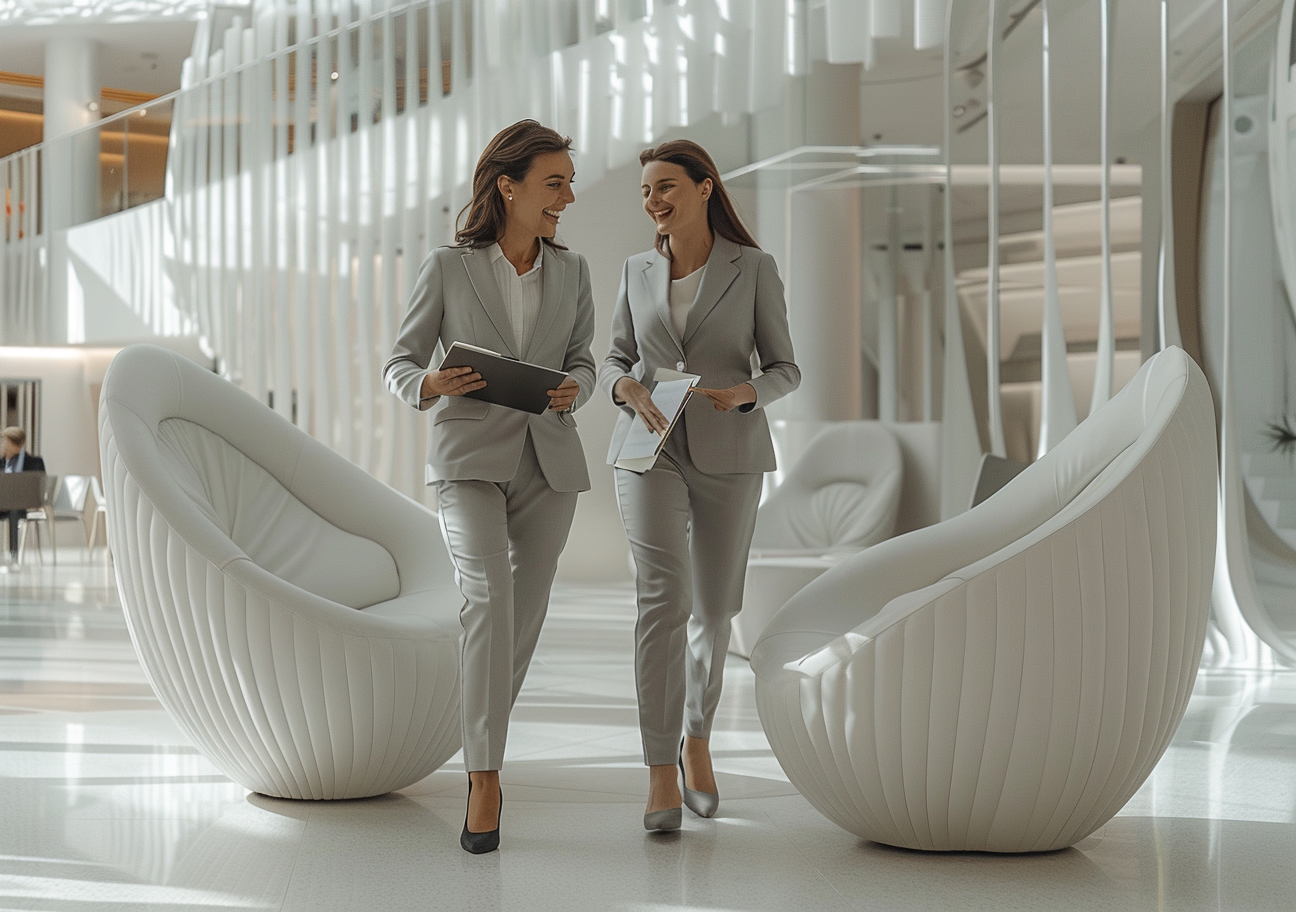 Two Smiling Business Women In Grey Suits Walking