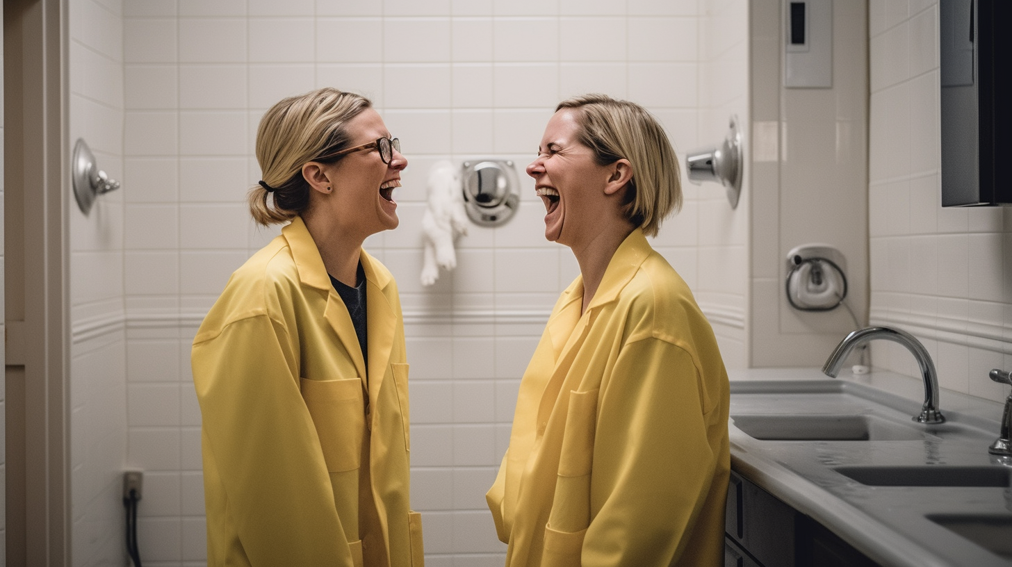 Two Smiling Women Surprised in Upscale Bathroom